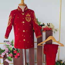 Load image into Gallery viewer, Royal Red Boys Party Wear Blazer Set with Golden Embroidery – Wedding &amp; Birthday Outfit
