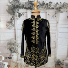 Load image into Gallery viewer, BT2621 Black Velvet Baby Boy Indo Western with Gold Hand Embroidery | Royal Wedding Birthday Party Wear Dress for Boys
