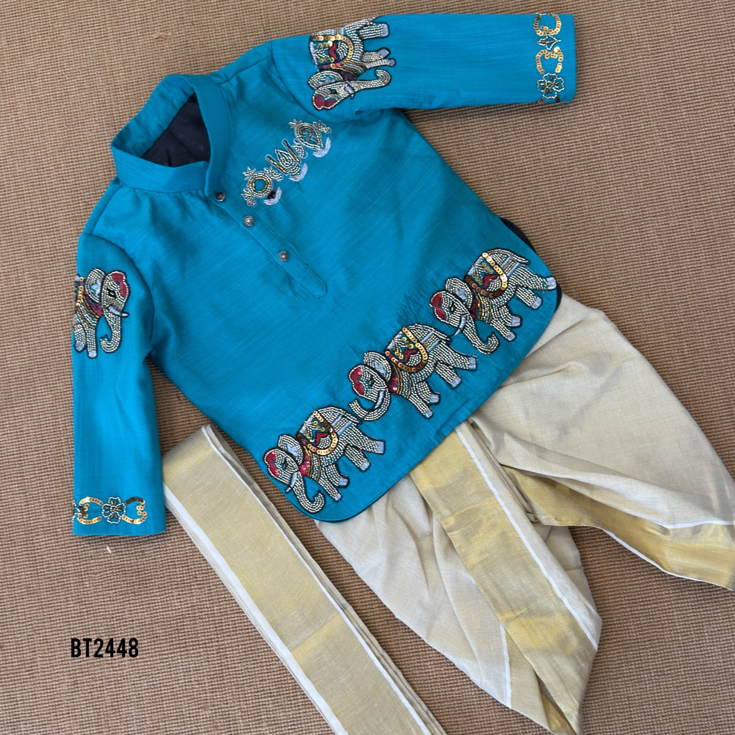 BT2448 Designer Baby Boy Blue Dhoti Set with Elephant Hand Embroidery