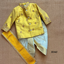 Load image into Gallery viewer, BT2447 Designer Baby Boy Yellow Dhoti Set with Handcrafted Golden Embroidery
