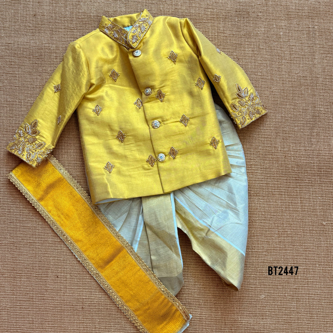 BT2447 Designer Baby Boy Yellow Dhoti Set with Handcrafted Golden Embroidery