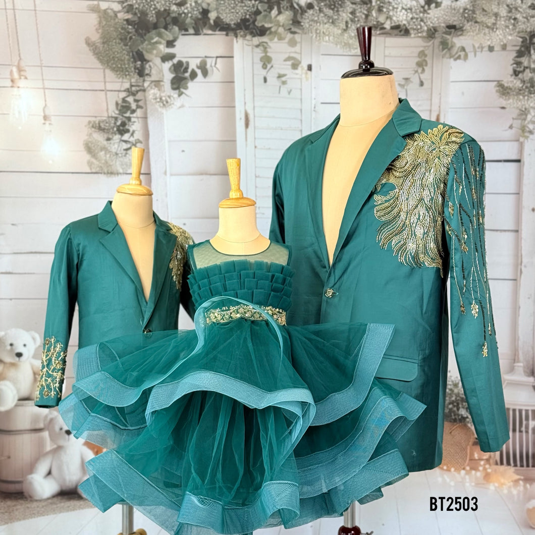 BT2503 Emerald Green Family Combo Outfit | Dad, Mom & Baby Matching Party Wear Set