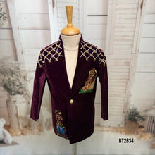 Load image into Gallery viewer, BT2634 Royal Wine Lion Embroidery Blazer for Baby Boy | Luxury Birthday &amp; Wedding Party Wear
