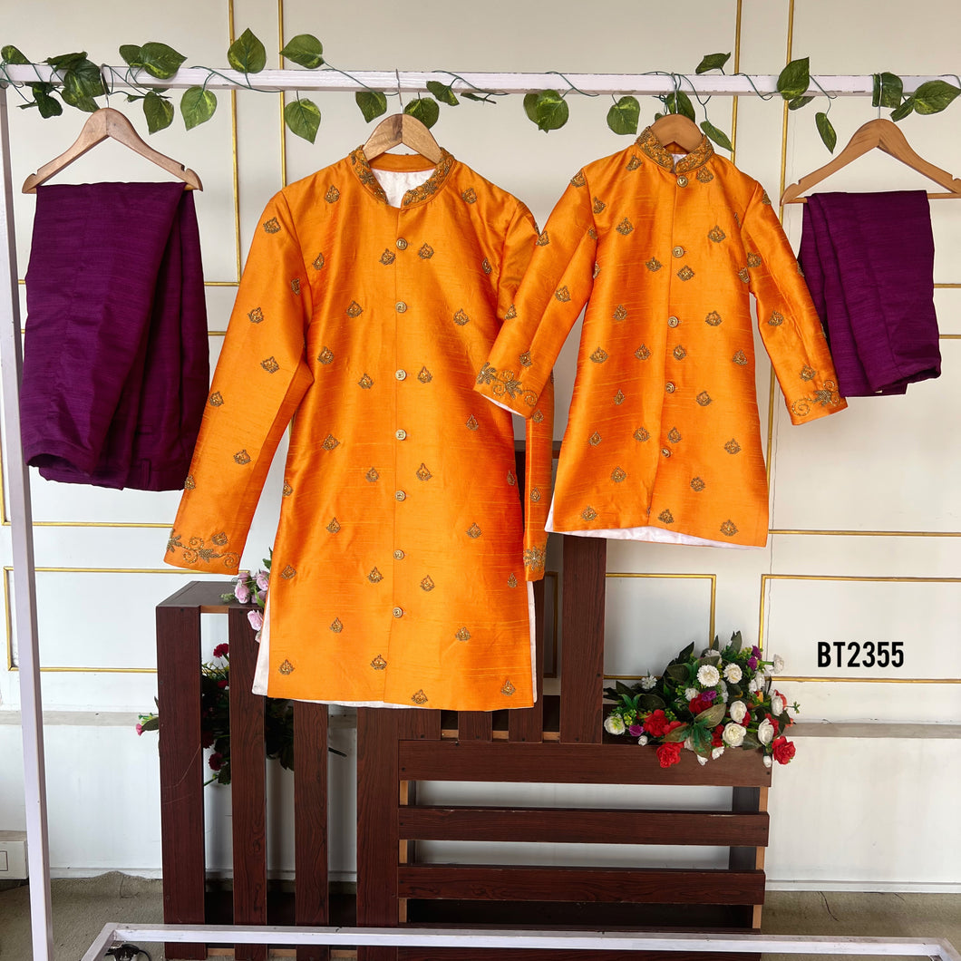 BT2355 Father-Son Twinning Orange Kurta with Purple Pajama Set – Festive Family Outfit