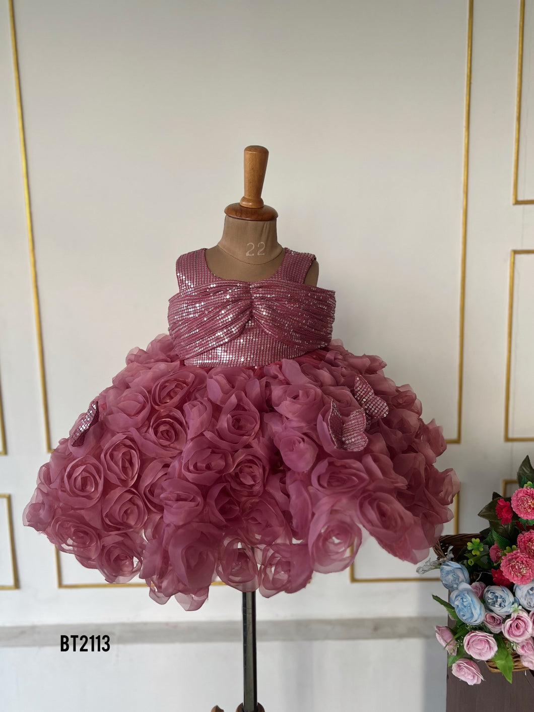 BT2113 Glamorous Rose Pink Bloom Dress with Sparkling Bow 🌹✨