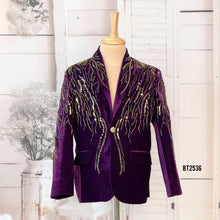 Load image into Gallery viewer, BT2536 Luxury Velvet Party Wear Blazer for Boys | Deep Purple Sequins Embellished Jacket | Premium Birthday &amp; Event Outfit
