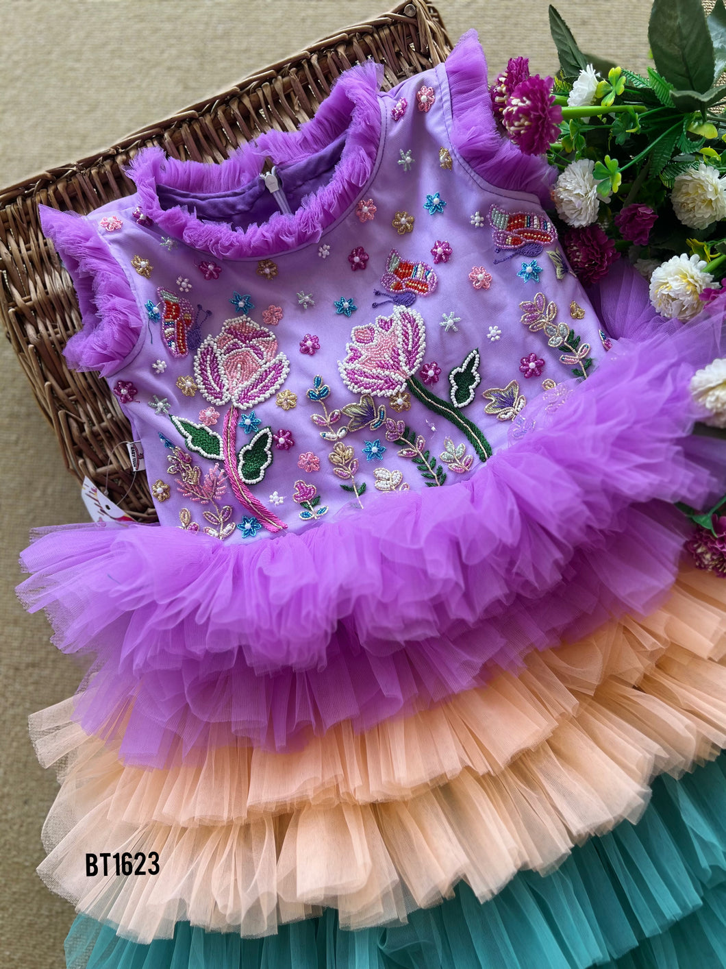 BT1623 Hand Embroidered Flower Theme Birthday Party Frock For Baby Girls