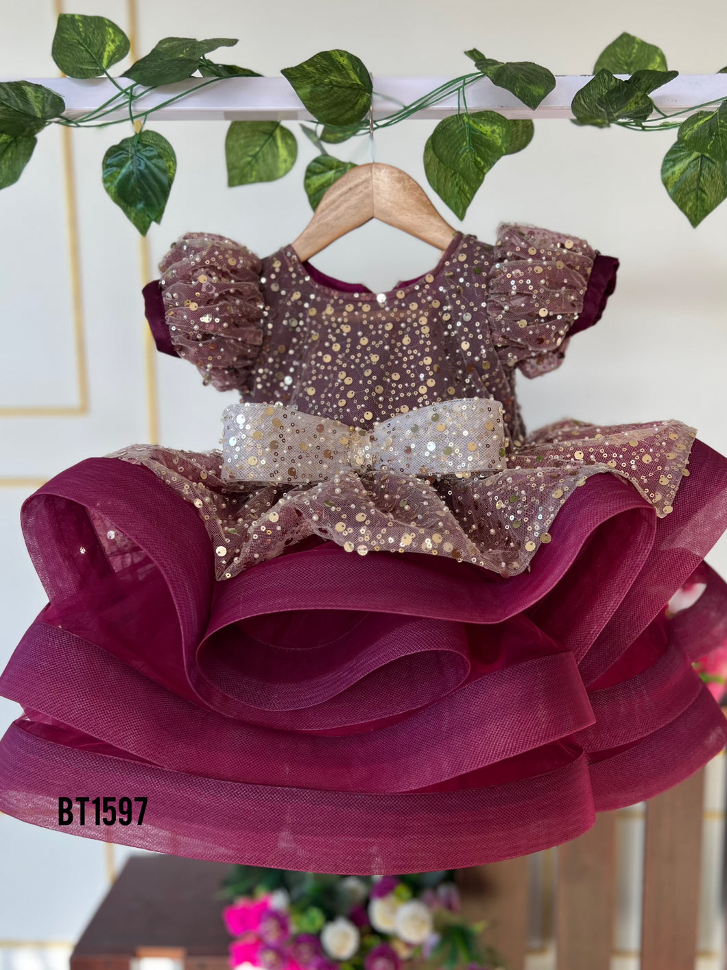 BT1597 Burgundy Bliss Sparkle Elegance Party Dress