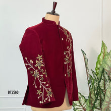 Load image into Gallery viewer, BT2560 Maroon Velvet Floral Embroidered Sherwani – Dad Edition
