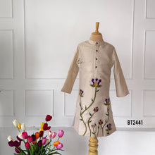 Load image into Gallery viewer, BT2441 Designer Baby Boy Beige Kurta with Handcrafted Purple Floral Embroidery

