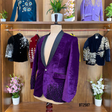 Load image into Gallery viewer, BT2587 Premium Velvet Men’s Blazer – Royal Purple Edition With Black Crystal Embroidery
