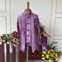 Load image into Gallery viewer, BT2367 Purple Velvet Boys Indo-Western Outfit with Golden Embroidery – Luxury Kids Party &amp; Wedding Wear
