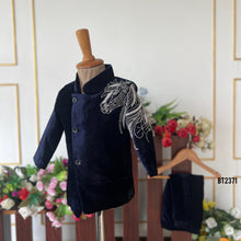 Load image into Gallery viewer, BT2371 Navy Blue Velvet Boys Sherwani with Silver Horse Embroidery – Premium Party &amp; Wedding Outfit
