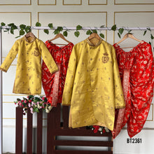 Load image into Gallery viewer, BT2361 Family Twinning Yellow Kurta &amp; Red Dhoti Set – Dad &amp; Son Combo Outfit
