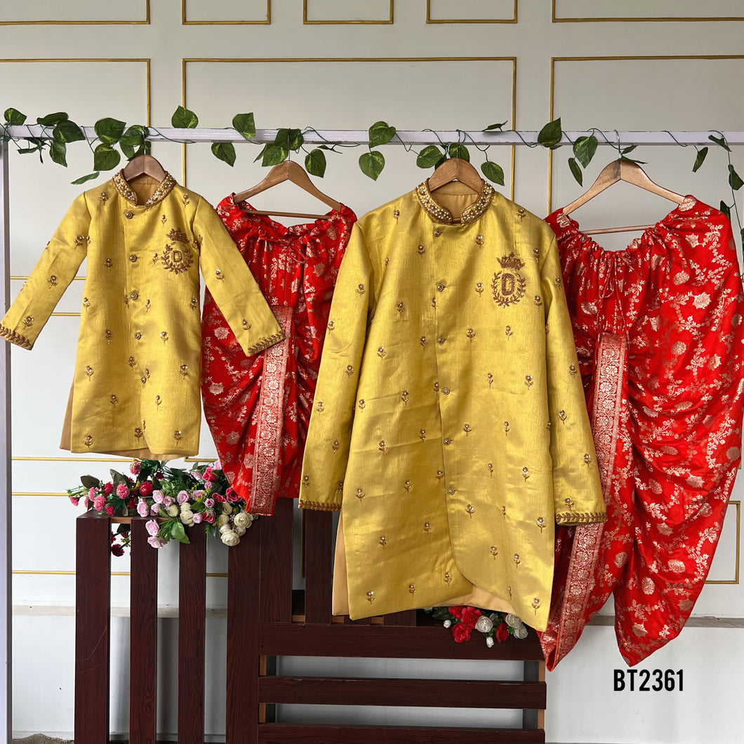 BT2361 Family Twinning Yellow Kurta & Red Dhoti Set – Dad & Son Combo Outfit