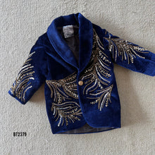 Load image into Gallery viewer, BT2379 Royal Navy Blue Velvet Baby Boy Blazer with Golden Sequin Embroidery – Luxury Kids Party Wear
