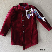 Load image into Gallery viewer, BT2173 Velvet Maroon Masterpiece Boys Party Wear Jodhpuri Suit with Artistic Shark Flair 🎨✨
