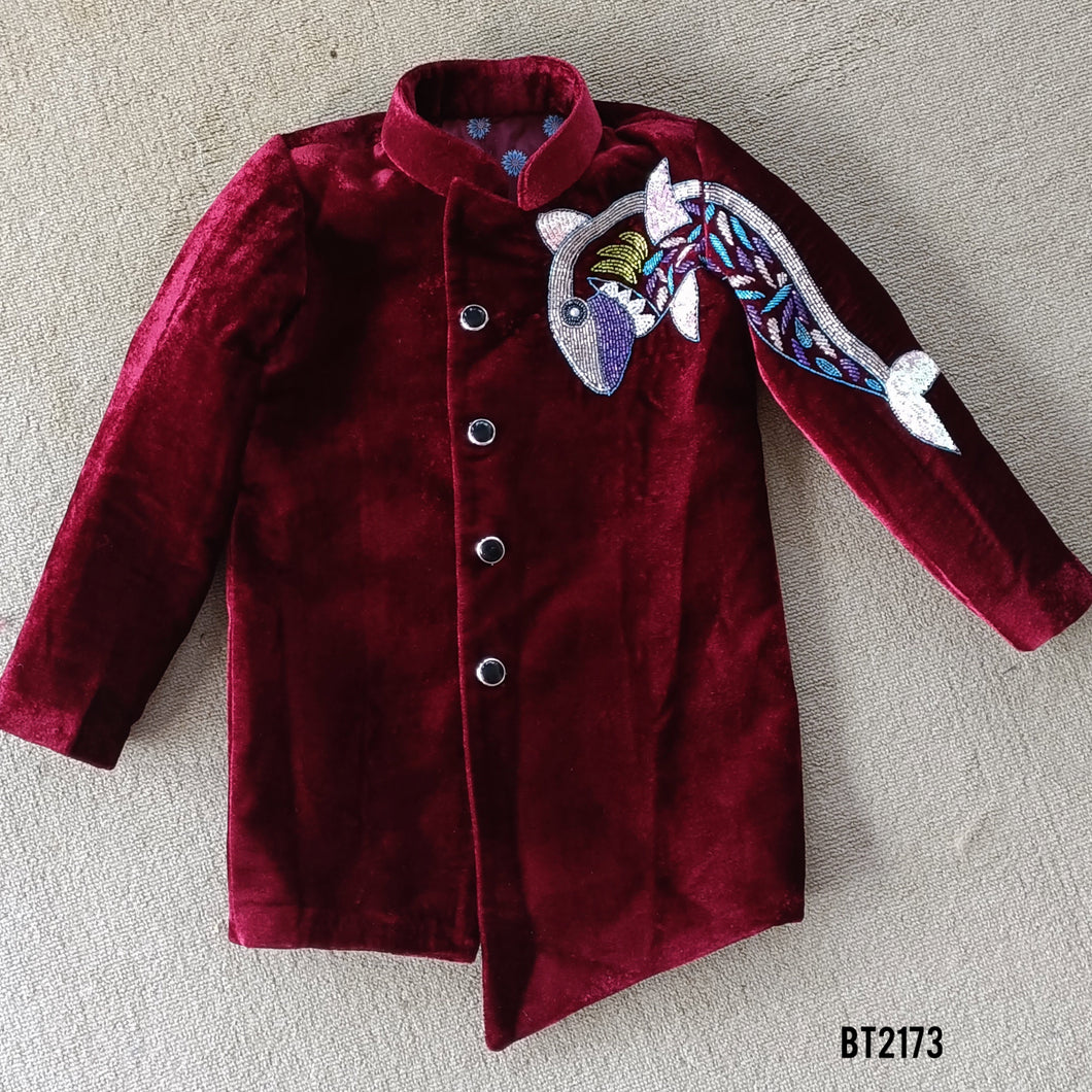 BT2173 Velvet Maroon Masterpiece Boys Party Wear Jodhpuri Suit with Artistic Shark Flair 🎨✨