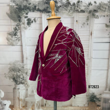 Load image into Gallery viewer, BT2623 Maroon Velvet Baby Boy Blazer with Crystal Handwork | Luxury Party Wear Jacket for Boys | Birthday Wedding Reception Outfit

