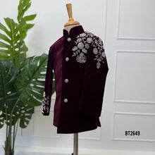 Load image into Gallery viewer, BT2649 Royal Wine Velvet Embroidered Indo Western Sherwani for Baby Boy

