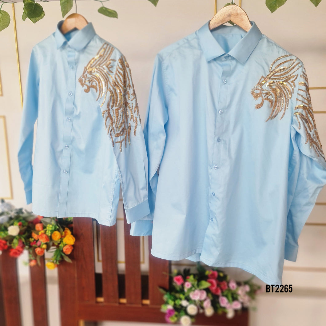 BT2265 Fierce & Stylish Father-Son Lion Embroidered Shirt Set – Rule Every Celebration! 👨‍👦✨