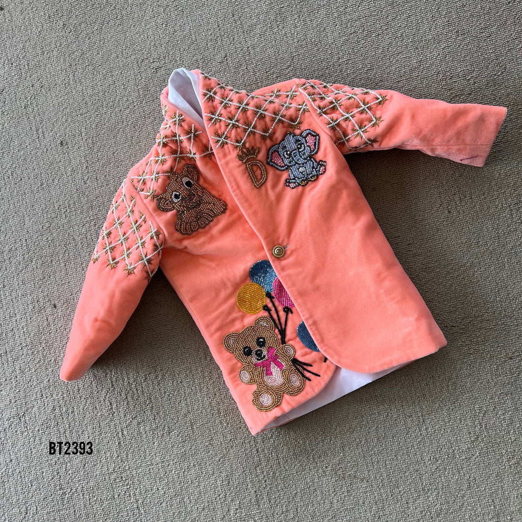 BT2383 Peach Baby Boys Blazer Set with Teddy & Cartoon Embroidery – Cute Birthday & Party Wear Outfit