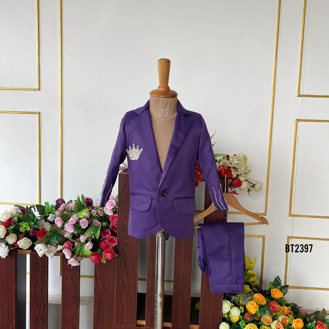 BT2397 Purple Boys Party Wear Blazer with Crown Embroidery – Premium Wedding & Birthday Outfit