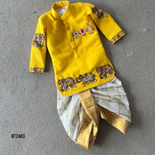 Load image into Gallery viewer, BT2403 Yellow Boys Kurta with Elephant Embroidery &amp; Golden Dhoti – Traditional Festive &amp; Wedding Outfit
