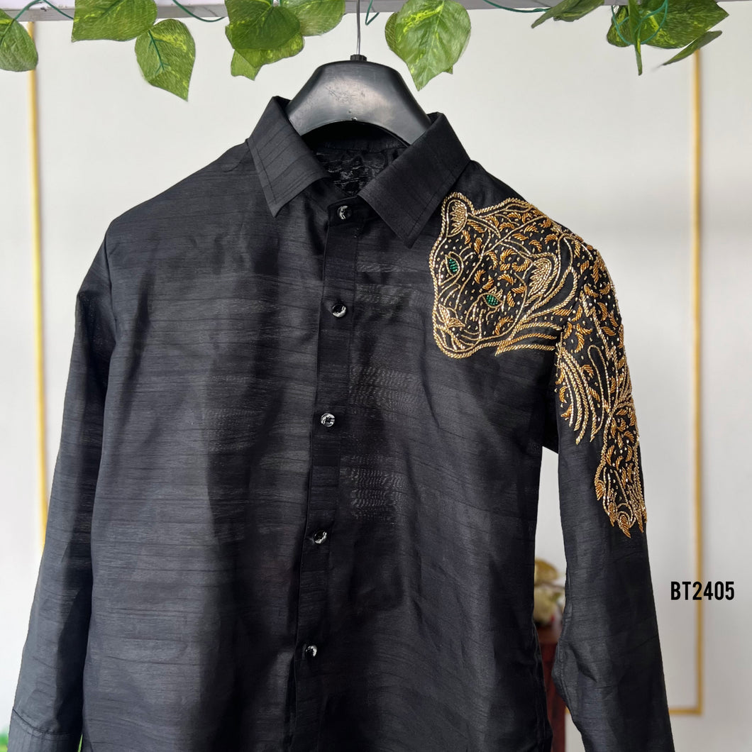 BT2405 Black Men’s Designer Shirt with Golden Panther Embroidery – Premium Party & Wedding Wear