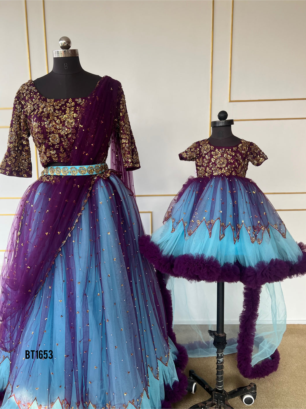 BT1653 Majestic Mosaic: Regal Purple and Enchanted Blue Mommy & Me Gowns