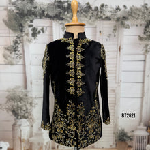 Load image into Gallery viewer, BT2621 Black Velvet Baby Boy Indo Western with Gold Hand Embroidery | Royal Wedding Birthday Party Wear Dress for Boys
