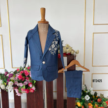 Load image into Gallery viewer, BT2425 Blue Boys Party Wear Blazer with White Floral Embroidery – Premium Wedding &amp; Birthday Outfit

