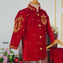 Load image into Gallery viewer, Royal Red Boys Party Wear Blazer Set with Golden Embroidery – Wedding &amp; Birthday Outfit
