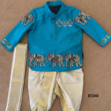 Load image into Gallery viewer, BT2448 Designer Baby Boy Blue Dhoti Set with Elephant Hand Embroidery
