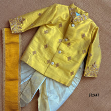 Load image into Gallery viewer, BT2447 Designer Baby Boy Yellow Dhoti Set with Handcrafted Golden Embroidery
