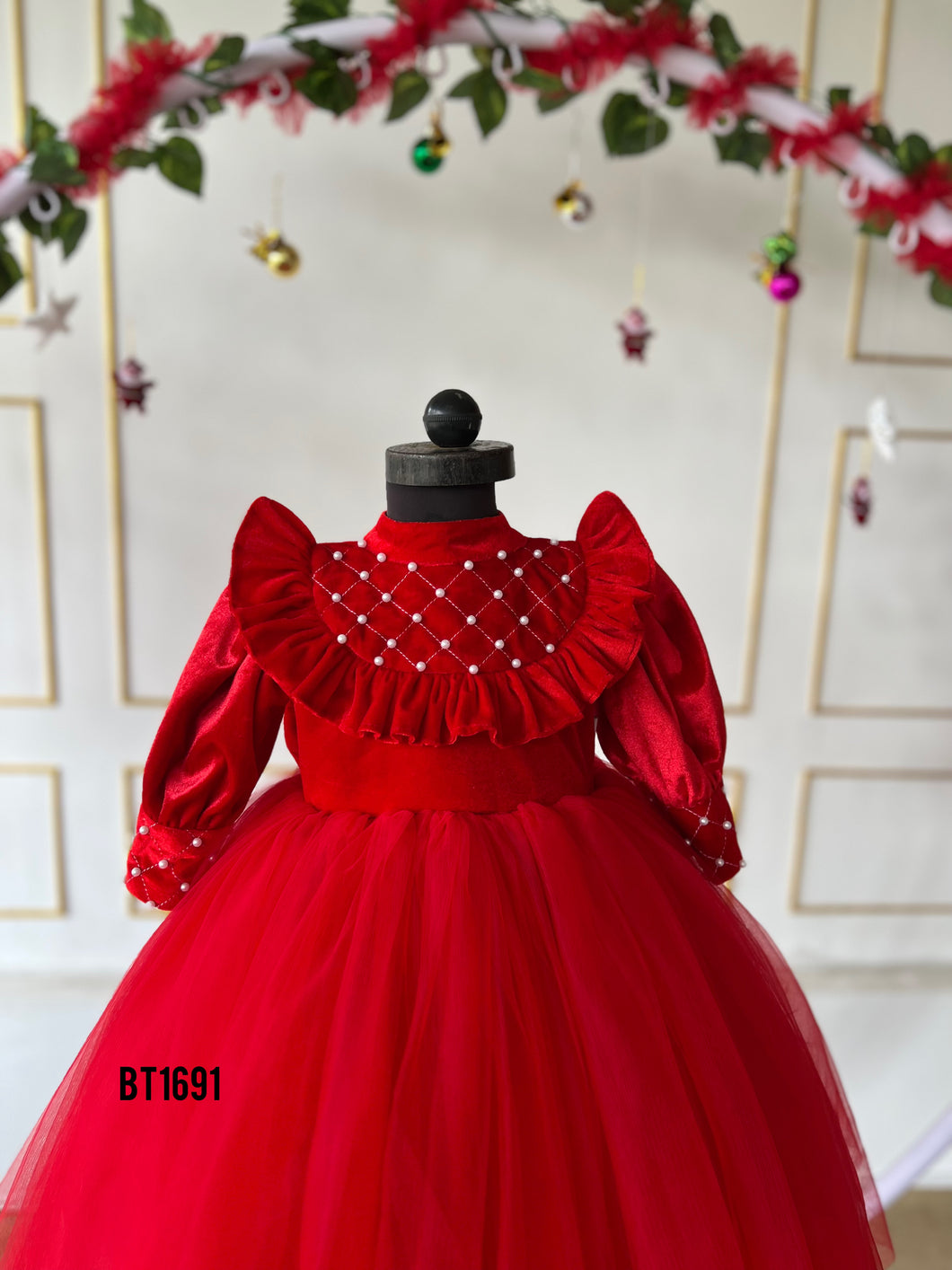 BT1691 Velvet Pearls Winter Party Wears For Baby Girls