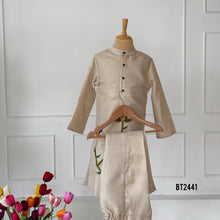 Load image into Gallery viewer, BT2441 Designer Baby Boy Beige Kurta with Handcrafted Purple Floral Embroidery

