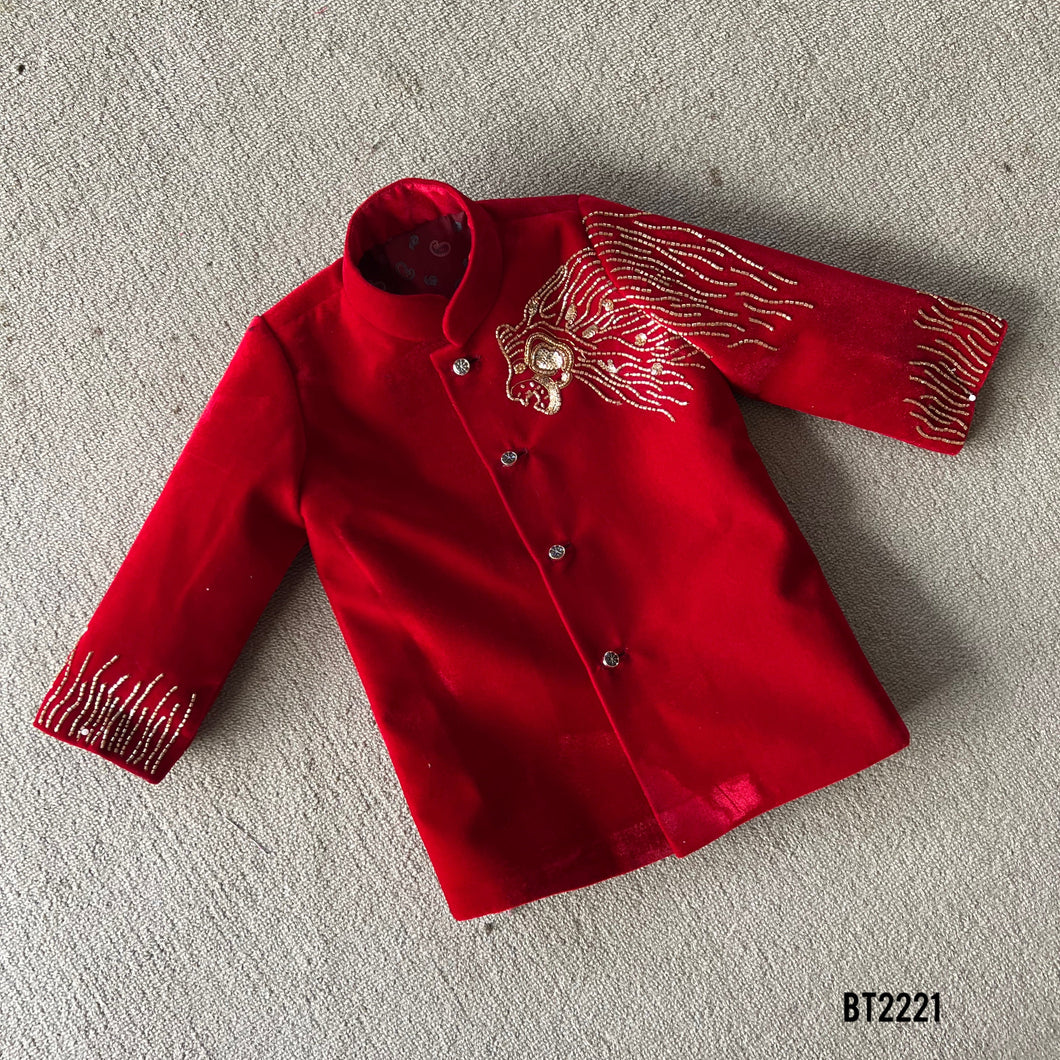 BT2221 Lion Embroidered  Red Velvet Party Wear Jacket For Baby Boys ❤️👑