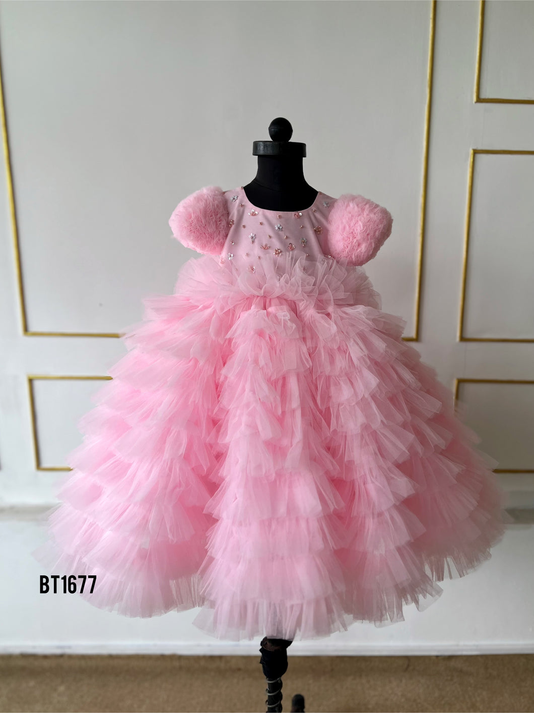 BT1677 Pastel Multi Layer Hand Embroidered Party Wear Frock For Baby Girls