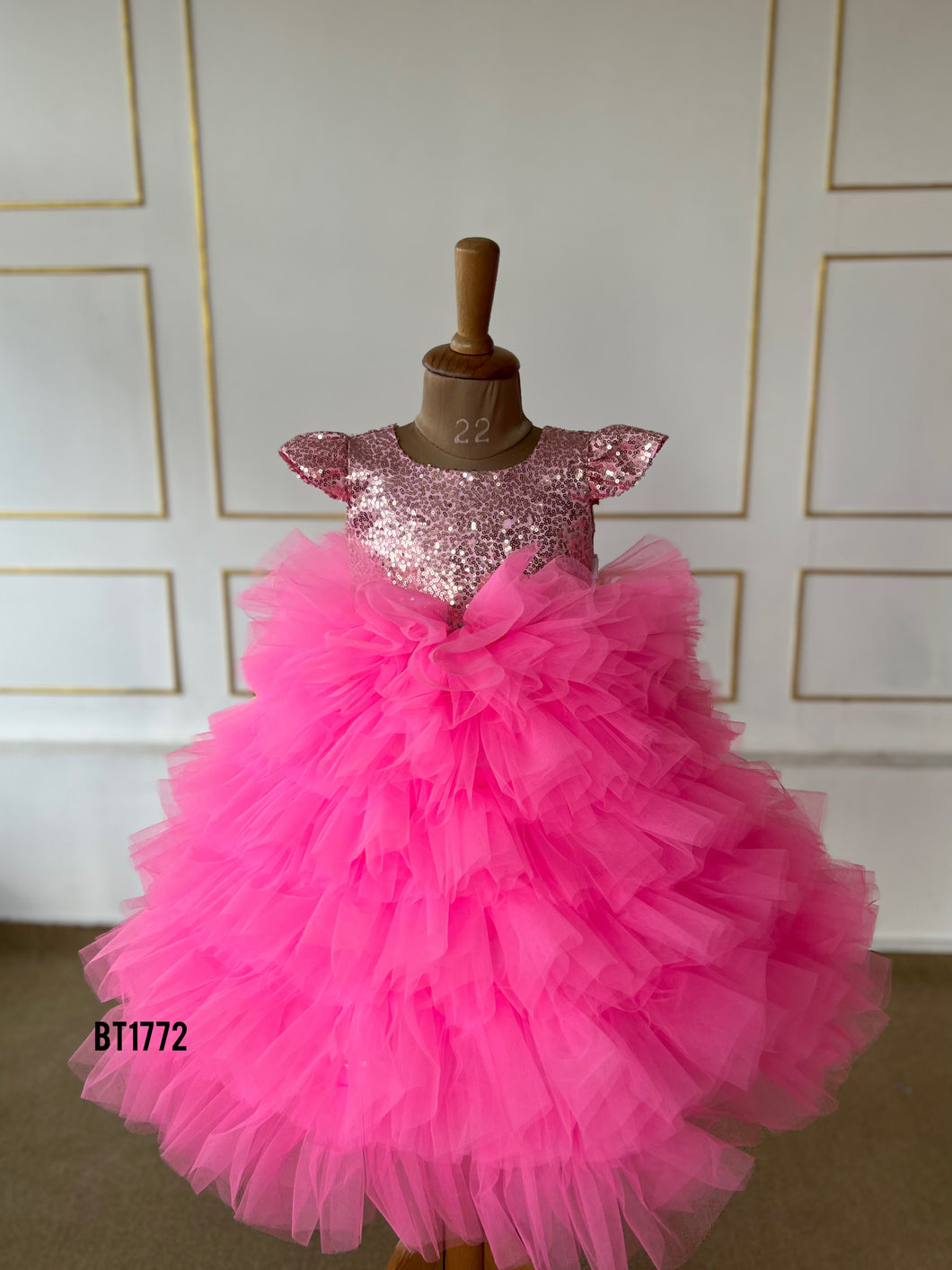 BT1772 Sparkling Pink Flutter Dress - A Fairy-Tale Gown for Your Little Star