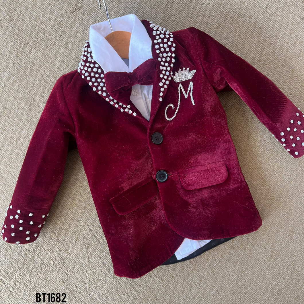 BT1682 Velvet Charm: A Dashing Party Wear Blazer for Baby Boys