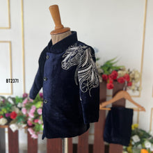 Load image into Gallery viewer, BT2371 Navy Blue Velvet Boys Sherwani with Silver Horse Embroidery – Premium Party &amp; Wedding Outfit
