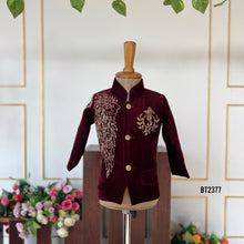 Load image into Gallery viewer, BT2377 Maroon Velvet Baby Boy Blazer with Golden Embroidery – Royal Party Wear Outfit
