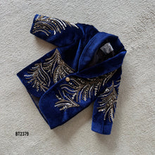 Load image into Gallery viewer, BT2379 Royal Navy Blue Velvet Baby Boy Blazer with Golden Sequin Embroidery – Luxury Kids Party Wear
