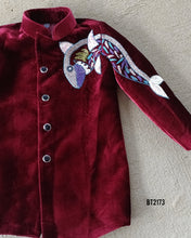Load image into Gallery viewer, BT2173 Velvet Maroon Masterpiece Boys Party Wear Jodhpuri Suit with Artistic Shark Flair 🎨✨
