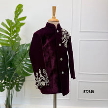 Load image into Gallery viewer, BT2649 Royal Wine Velvet Embroidered Indo Western Sherwani for Baby Boy
