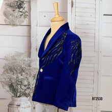Load image into Gallery viewer, BT2530 Royal Blue Designer Baby Boy Velvet Party Blazer with Black Sequin Detailing
