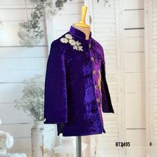 Load image into Gallery viewer, BT2495 Royal Purple Velvet Baby Boy Sherwani | Golden Floral Embroidered Party Outfit
