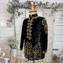Load image into Gallery viewer, BT2621 Black Velvet Baby Boy Indo Western with Gold Hand Embroidery | Royal Wedding Birthday Party Wear Dress for Boys
