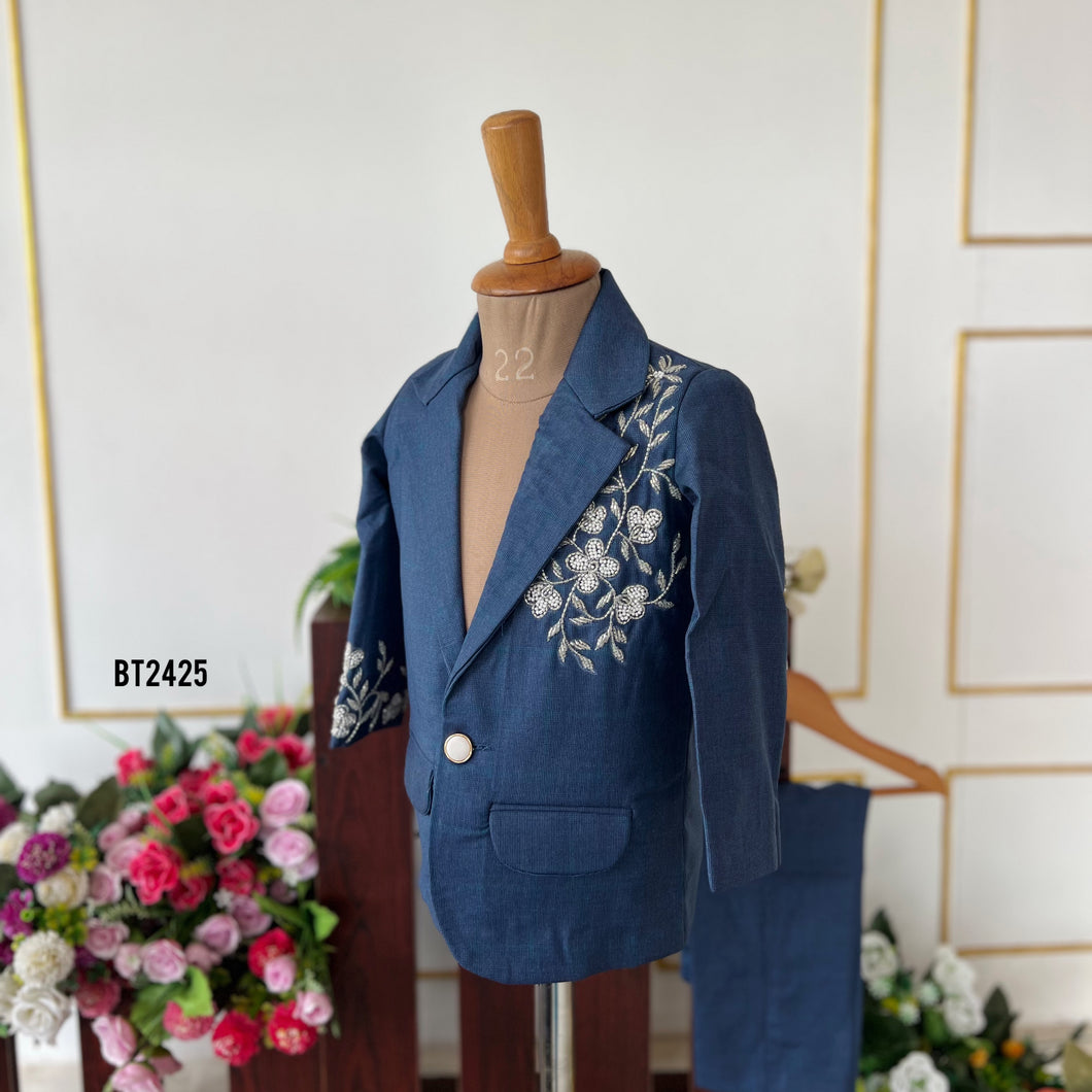 BT2425 Blue Boys Party Wear Blazer with White Floral Embroidery – Premium Wedding & Birthday Outfit